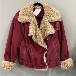 Free people. Red jean jacket with camel color fur